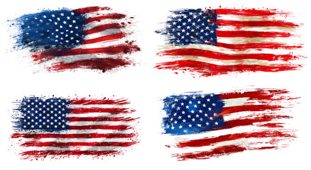 four grunge American flag isolated, transparent background
