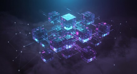 Obraz premium Abstract interconnected crystal cubes floating in a dark space with glowing connections and particles