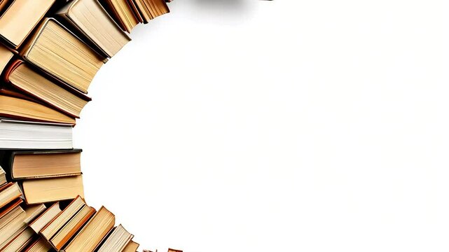 Books curved forming frame, white background, education