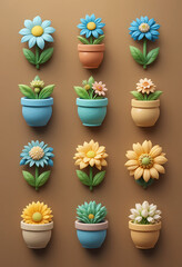 Flower arrangement in pots against brown background