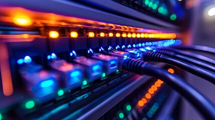 Fototapeta premium Close-up view of network equipment with glowing lights.