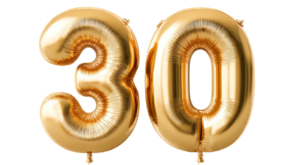 golden balloons spelling out the number 30 isolated, transparent background