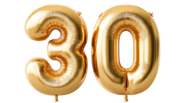 golden balloons spelling out the number 30 isolated, transparent background