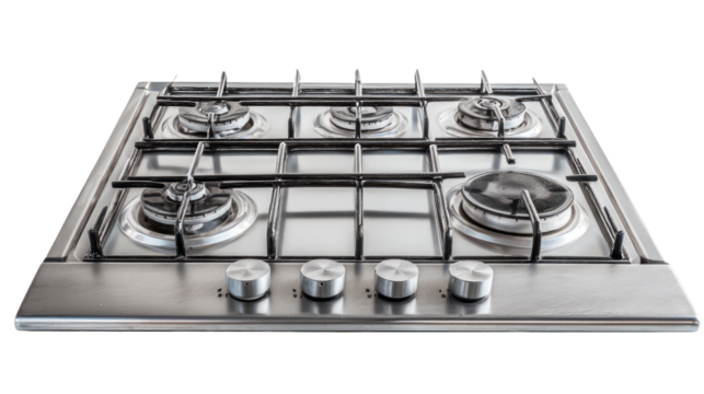 A stainless steel gas stove top appliance isolated, transparent background