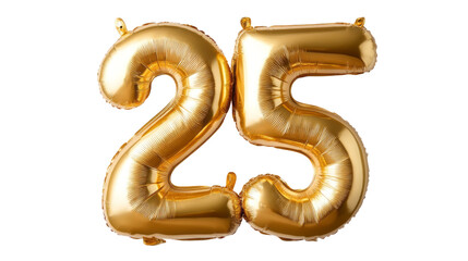 golden balloons in the shape of the numbers 25 isolated, transparent background
