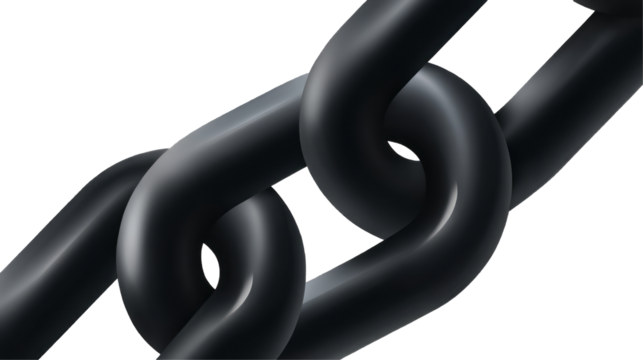 A close-up view of black metallic chain links isolated, transparent background