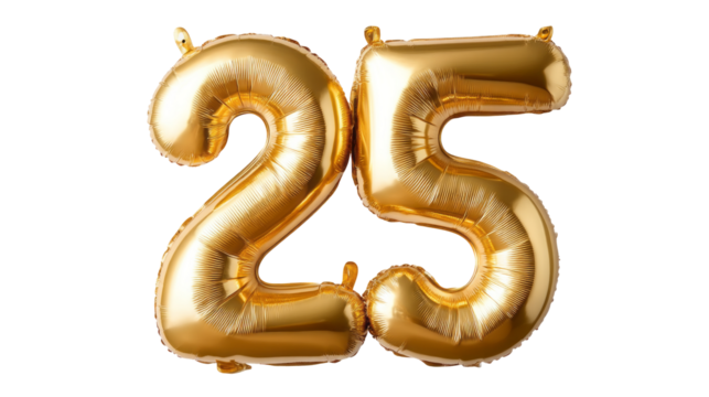 golden balloons in the shape of the numbers 25 isolated, transparent background