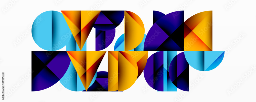 Poster abstract geometric shapes form word data. bright colors, blue, orange, purple create dynamic visual 