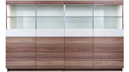 A large wooden cabinet with glass doors and shelves