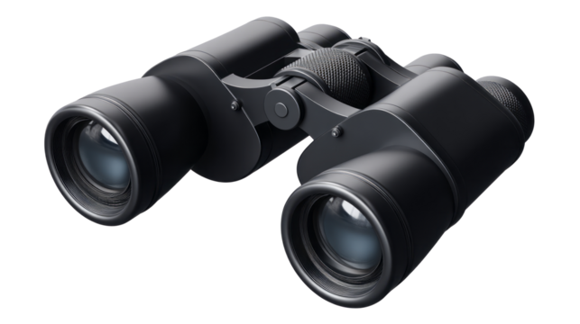 black binoculars for viewing distant objects isolated, transparent background