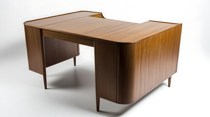 A wooden desk with a brown top and a brown cabinet