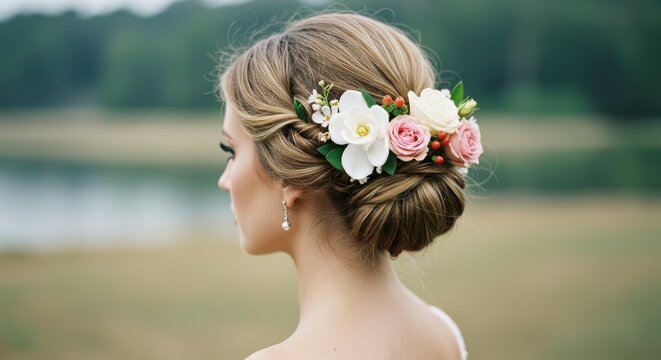 Female with elegant floral updo in serene outdoor park setting