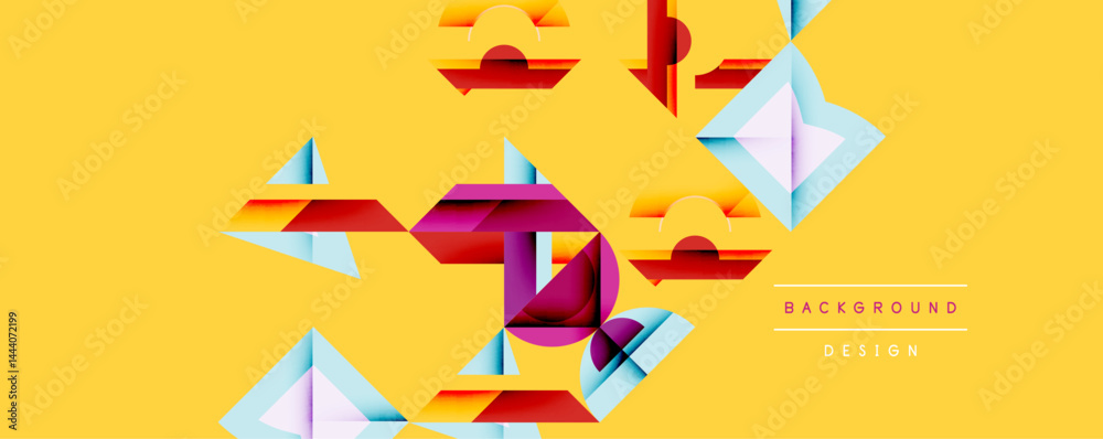 Poster Abstract geometric shapes overlap yellow background. Vibrant colors create modern design, dynamic composition.