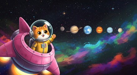 Fototapeta premium Whimsical feline cosmonaut embarking on a celestial journey through the cosmos
