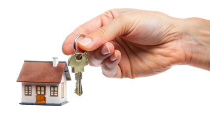 hand holding house keys with keychain isolated on white background PNG