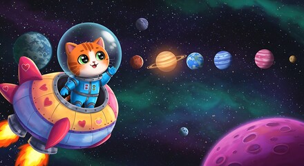 Astronaut kitten exploring the galaxy in a playful rocket with planets