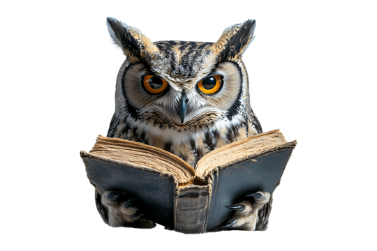An owl animal is reading a book isolated on transparent background
