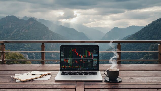 Laptop with stock market chart, steaming coffee, and notebook on wooden table with cloudy mountain view – remote work, online trading, investment strategy and peaceful digital nomad lifestyle concept. - Powered by Adobe