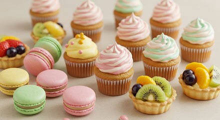 Delicate Pastel Cupcakes, Macarons, and Fruit Tarts