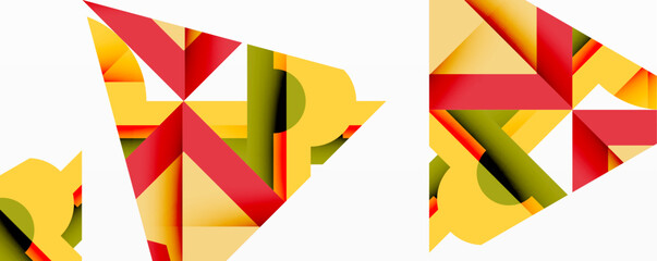 Abstract geometric shapes overlap, creating vibrant color blocks. Red, yellow, green dominate composition. Modern design elements present.