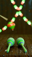 Two Mexican maracas on wood surface with floating spinning top and blurred festive lights. Vertical image with strong cultural identity and symbolic childhood elements for editorial use