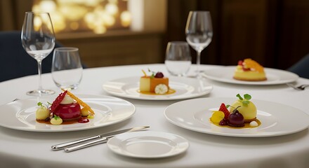 Fototapeta premium Elegant Dessert Platter: Four Exquisite Fine Dining Desserts