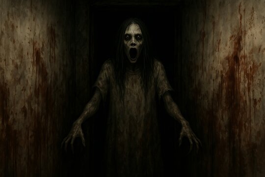 Haunting Specter in Dark Hallway with Frightening Presence