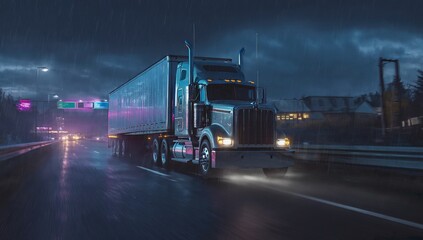 A powerful semi-truck drives on wet highway at night, reflecting city lights and neon signs. The illuminated road and dark sky create a dramatic scene of long-haul trucking, logistics transportation.