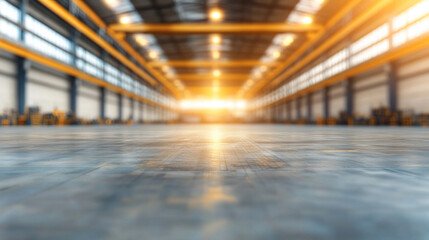 A large, empty warehouse with a bright yellow light shining down on the floor. The space is open and empty, with no people or objects visible. The bright light creates a sense of emptiness