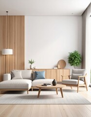 Living room interior with wooden furniture and empty wall for posters