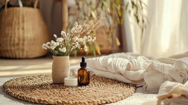 A boho-chic vibe with a woven mat, soft colors, and a natural skincare bottle.
