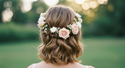Naklejka premium Woman with floral hair arrangement in a green field