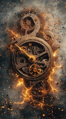 Obraz premium Rusty gears and clockwork mechanisms explode in a fiery, energetic display.