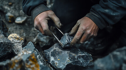 Person Using Tools to Extract Mineral from Rock