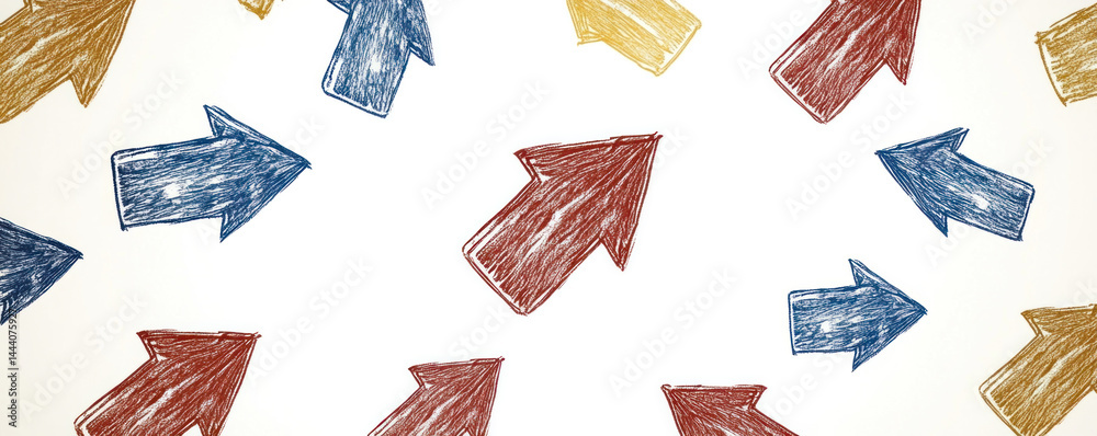 Poster a bunch of arrows drawn in different colors and sizes. concept of movement and direction, as if the 