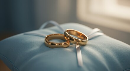 Two gold wedding rings on a blue cushion with a white ribbon tied in a bow