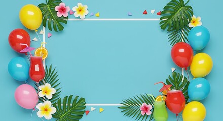 Festive Balloons and Tropical Leaves Frame on Blue Background