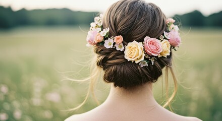 Naklejka premium Close-up of woman's back with braided hair adorned with pastel flowers in a meadow