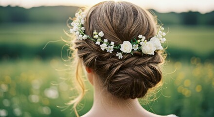 Naklejka premium Close-up of female with braided hair and floral arrangement in a garden