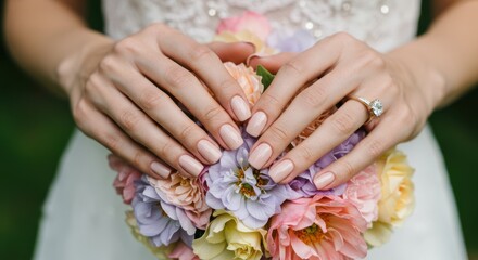 Fototapeta premium Two females holding hands with engagement ring and bouquet of flowers in a garden