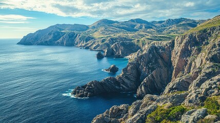 A breathtaking coastline with rocky slopes leading into the sea, a perfect destination for hikers wanting a dramatic and peaceful experience.