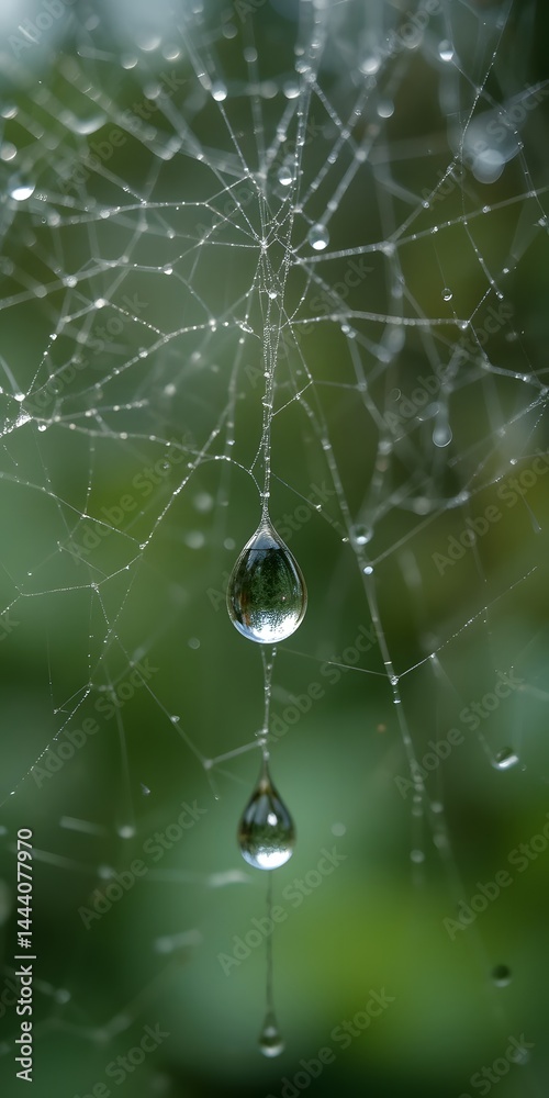 Leinwandbilder dewdrop on a spiderweb creates a tiny lens. water refracts the surrounding environment, nature's art
