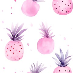 Pink watercolor pineapple seamless pattern on white background. Tropical fruit repeat print for textile, wrapping paper, and summer design. Cute girly pastel illustration