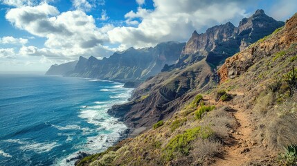 A breathtaking view of a rugged coastline with a trail winding along the cliff edge, framed by towering mountains and a cloudy blue sky.