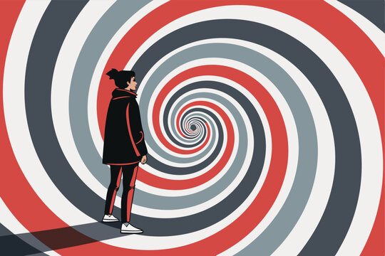 Create a detailed illustration of a person deeply hypnotized, their eyes glazed over,  with swirling, hypnotic spirals emanating from a shimmering, unseen source; suggest endless possibilities.