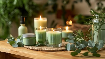 Peaceful arrangement of  green candles and botanicals on a wooden table.