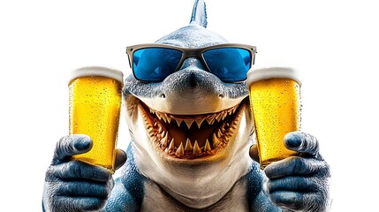 A cartoon shark wearing sunglasses joyfully holds two glasses of beer, set against a white background