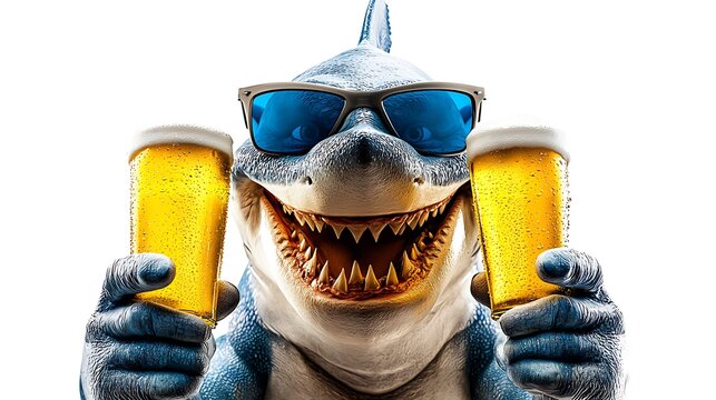 A cartoon shark wearing sunglasses joyfully holds two glasses of beer, set against a white background
