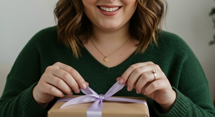 Woman smiles as she unties a gift with a delicate, light-purple bow on brown paper.