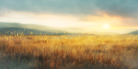 Fototapeta premium Golden Grassland Under Soft Hazy Sky at Sunrise with Gentle Hills Glowing in Warm Light
